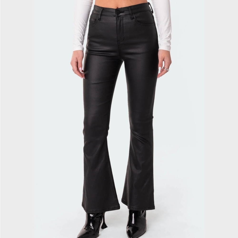 Edikted Black Leather High Waist Flare Pants - Picture 2 of 14
